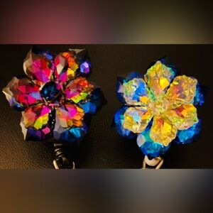 for 2 (TWO) Crystal Flower Nurse RN ID Badge Reel Alligator Clips Holders Swivel